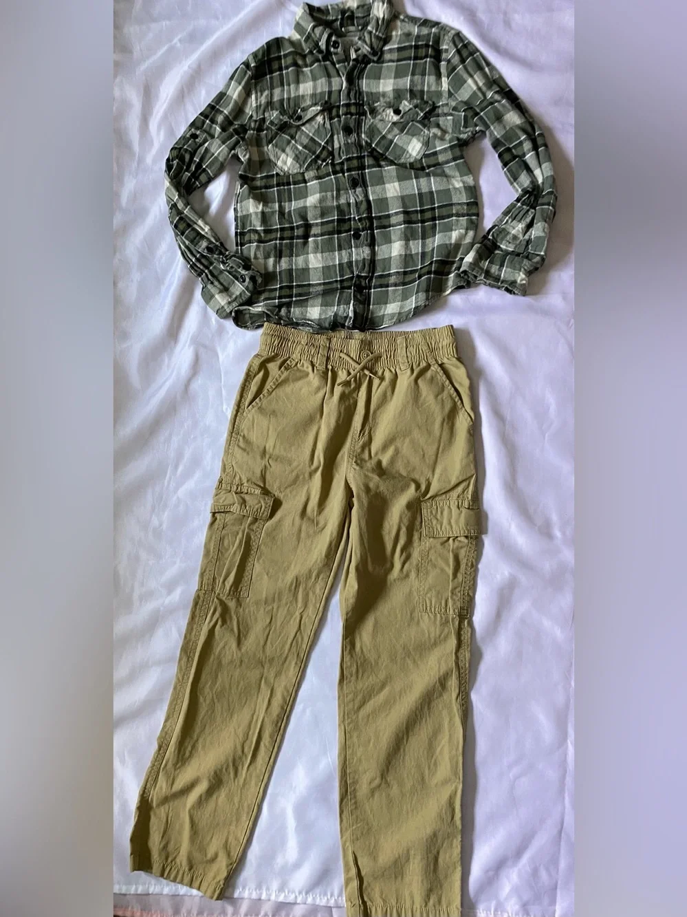 The Children's Place Khaki Cargo Pants with Olive Green Plaid Shirt